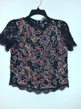 Zara Black Lace Beaded Short Sleeve Blouse